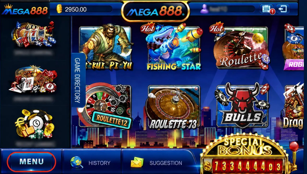 Mega888 lobby screen showing a grid of available slot games with the menu, balance and account controls along the top