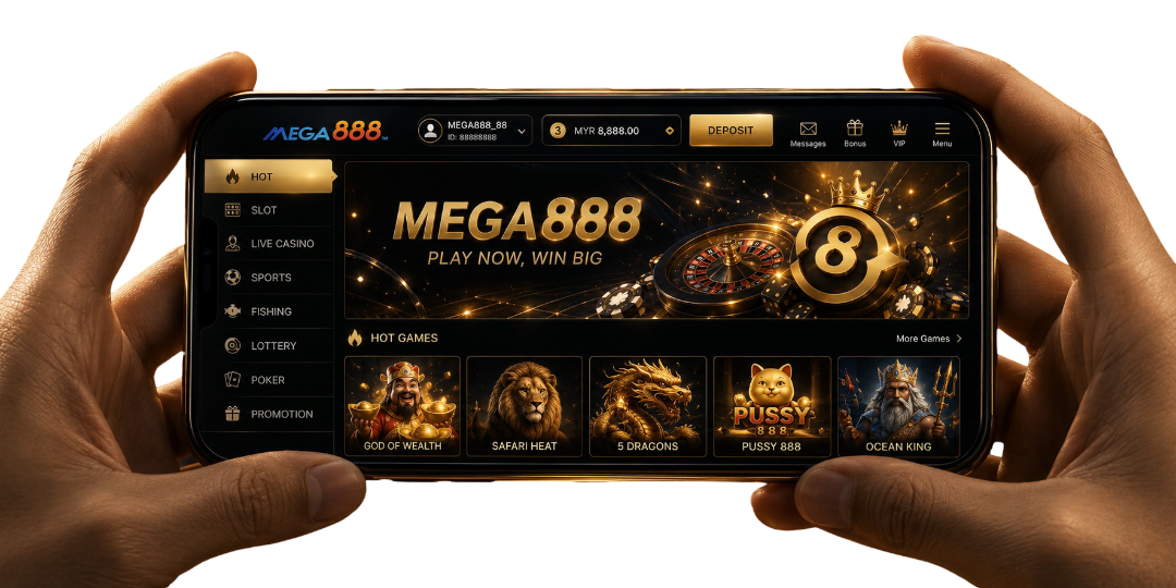 Mega888 app lobby open on a phone, showing hot games and the play now banner